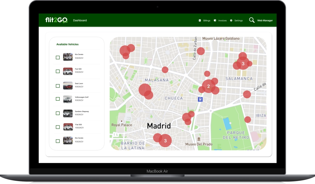 mapa para encontrar coches por gps en una ciudad a través de un manager
