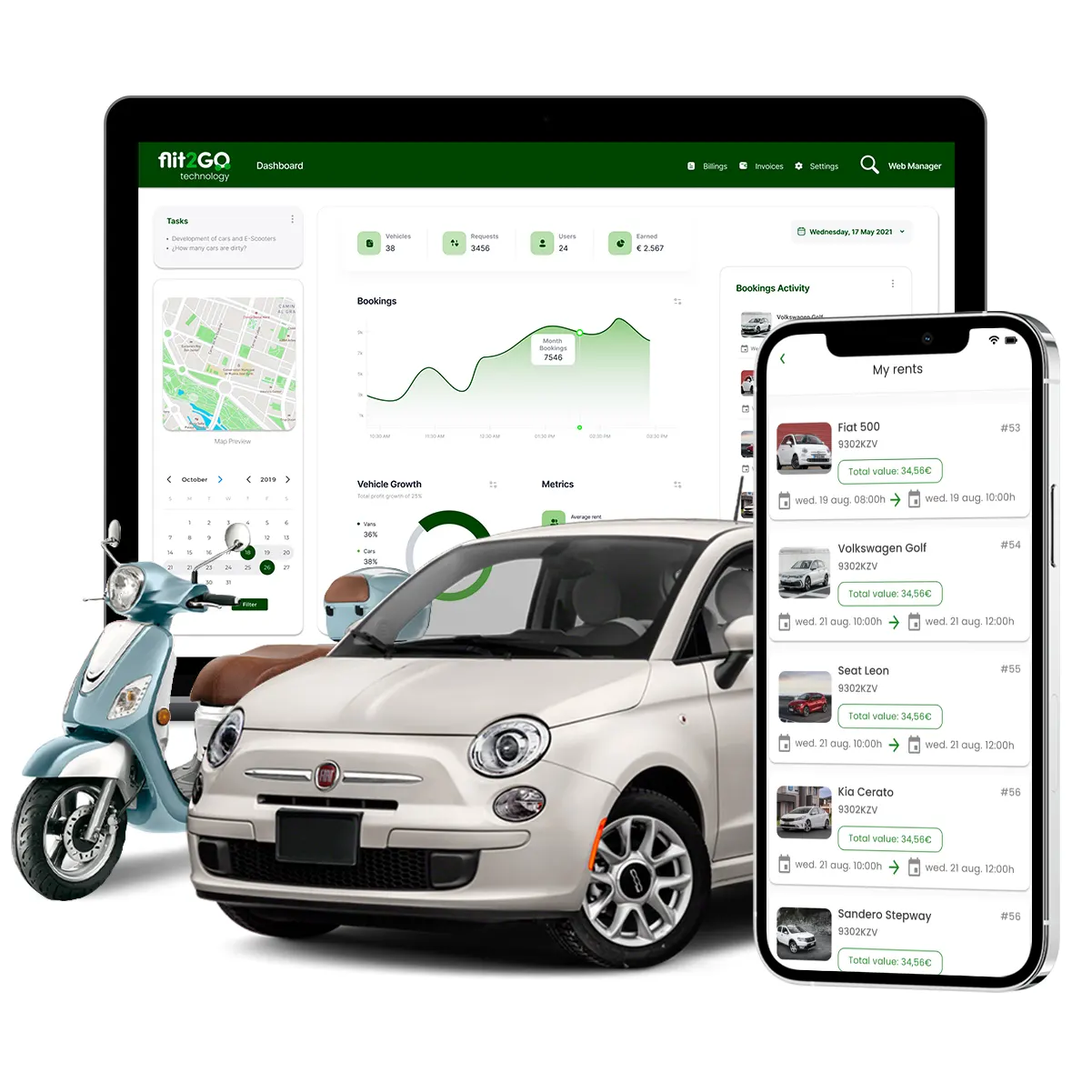 erp backoffice and smartphone with vehicle rental software like motorcycle or car